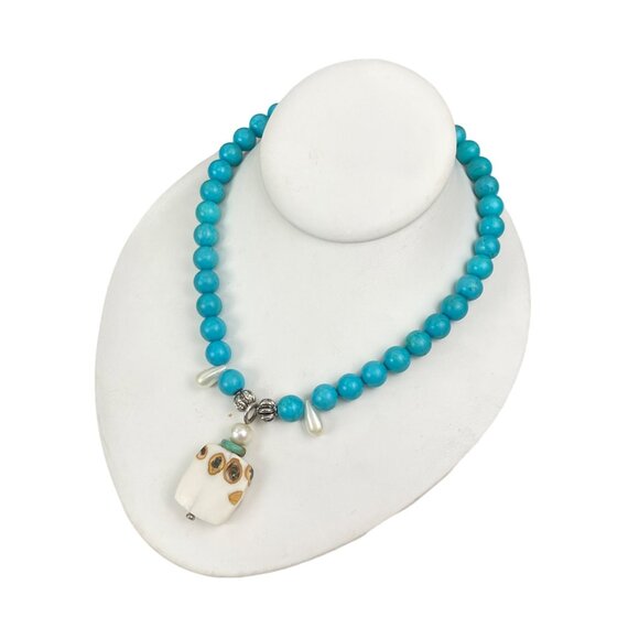 Handcrafted Faux Turquoise Bead Necklace With Unique Ceramic Pendant and Metal A - Picture 4 of 9